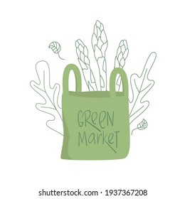 Green market sign on eco shopping paper bag with asparagus flat illustration. Zero waste, plastic free, bio market, recycle concept. Vector stock illustration isolated on white background.