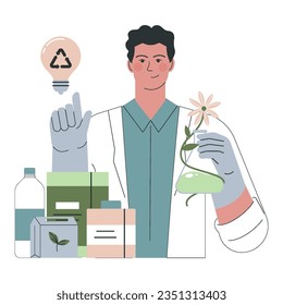 Green marketing. Biodegradable products and packaging development. Scientist inventing recyclable and nature friendly material. Business' responsibility for environment. Flat vector illustration