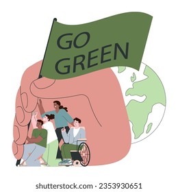 El marketing verde. Responsabilidad social de las empresas, RSE. Empresa que utiliza prácticas sostenibles de promoción. Responsabilidad de las empresas por el impacto en el medio ambiente. Ilustración vectorial plana