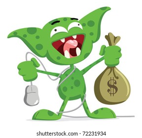 Green marketing goblin holding a PC mouse and a bag of money