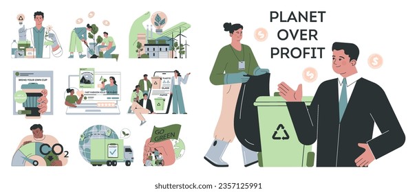 Green marketing set. Corporate social responsibility, CSR. Company using sustainable practices for promotion. Business' responsibility for impact on environment. Flat vector illustration