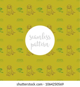 Green and maroon repeating seamless pattern of sitting pet dog, leash and water bowl