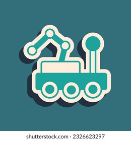 Green Mars rover icon isolated on green background. Space rover. Moonwalker sign. Apparatus for studying planets surface. Long shadow style. Vector