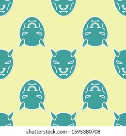 Green Mask of the devil with horns icon isolated seamless pattern on yellow background.  Vector Illustration