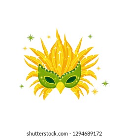 Green mask with yellow feathers. Attribute of festive costume. Accessory for Brazilian carnival. Flat vector icon