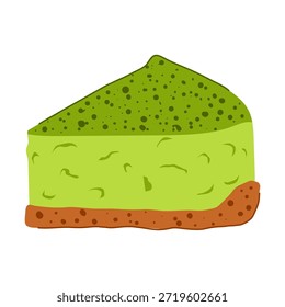Rebanada de pastel de queso verde matcha con un relleno rico y cremoso cubierto con una capa de miga texturizada y una base de galleta, que representa la indulgencia dulce y el delicioso sabor