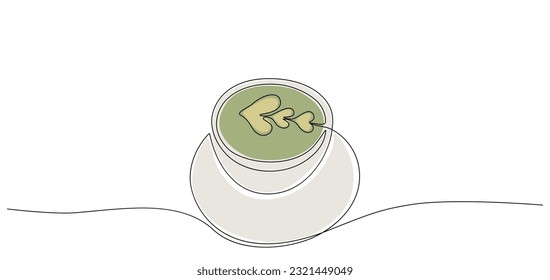 Green matcha cup one line drawing. Top view of matcha latte with heart shaped art, cafe shop concept. Modern vector illustration