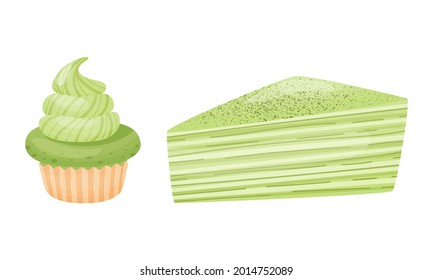 Green Matcha Dessert with Cake and Cupcake with Whipped Cream Vector Set