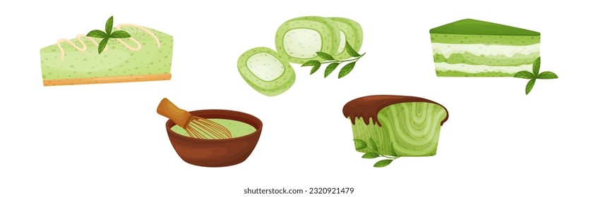 Green Matcha Dessert with Cake and Muffin Vector Set