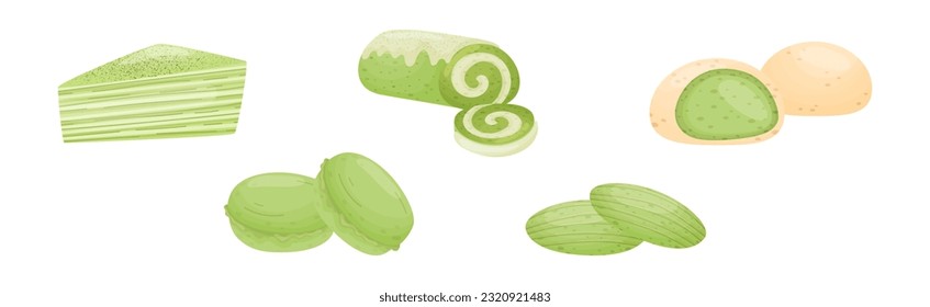 Green Matcha Dessert with Cake and Roulade Vector Set