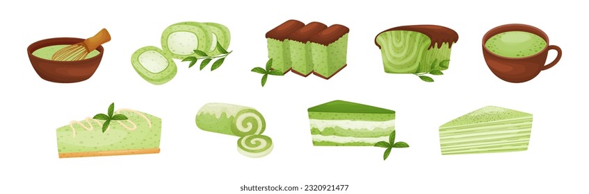 Green Matcha Dessert with Drink and Cake Vector Set