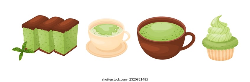 Green Matcha Dessert with Drink and Cupcake Vector Set