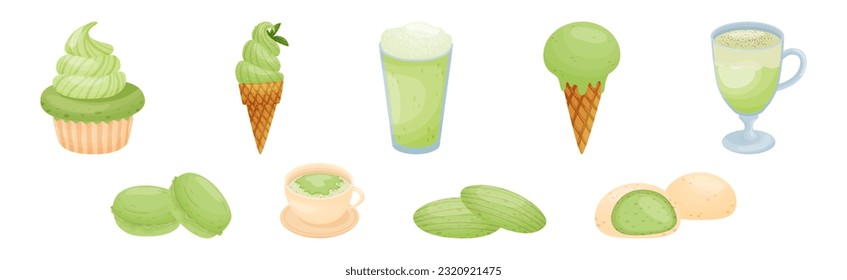 Green Matcha Dessert with Drink and Ice Cream Vector Set