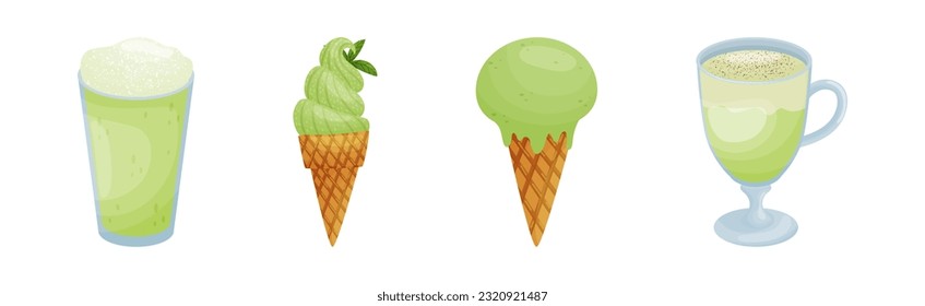 Green Matcha Dessert with Drink and Ice Cream Vector Set