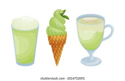 Green Matcha Dessert with Ice Cream in Waffle Cone and Beverage in Glass Vector Set