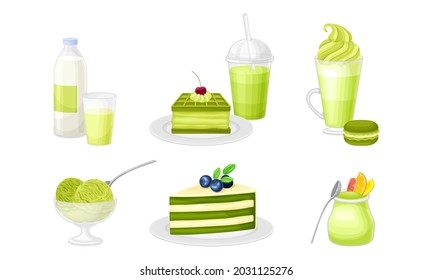 Postres verdes de Matcha con colección de vectores de pasteles y helados