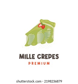 Green matcha flavored mille crepes vector illustration logo with melted cream