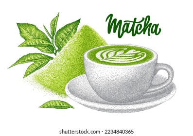Tarta mate verde en taza de cerámica. Pila de polvo de matcha y hojas de té. Esbozo realista. Bebida japonesa. Ilustración vectorial dibujada a mano.