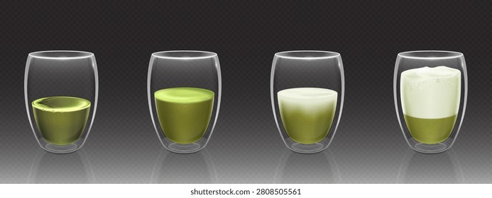 Green matcha and latte in glass cups, side view, realistic vector illustrations isolated on transparent background. Fresh Japanese tea, 3d hot and cold drink with creamy milk foam for cafe promotions