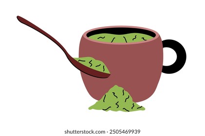 Matcha verde latte en polvo, taza y cuchara. Té molido japonés en una taza de arcilla con un mango. Vierte el polvo y prepara una bebida saludable moderna. Vajilla. Imagen de color. Diseño plano. Ilustración vectorial