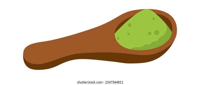 Green matcha powder on wooden spoon flat icon. Vector illustration