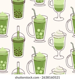 Green matcha seamless pattern.Matcha latte healthy drink. Herbal organic food. Japanese tea culture. Asian culture