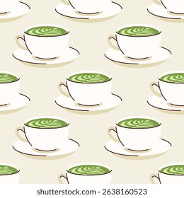 Green matcha seamless pattern.Matcha latte healthy drink. Herbal organic food. Japanese tea culture. Asian culture