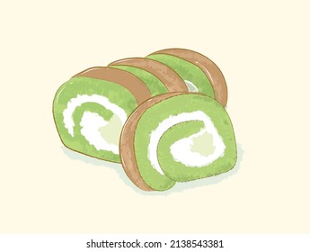 Green matcha sliced roll cake in vector illustration art design