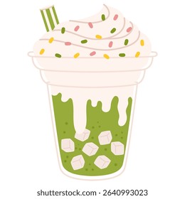 Green matcha soda with whipped cream, pastel sprinkles and ice cubes in plastic cup. Fun and festive bubble drink. Stock vector illustration in cartoon flat style. Isolated on white background.
