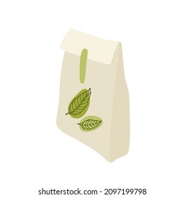 Green Matcha Tee. Handgepäcksack mit Teeblätter. Packung mit Matcha Teepulver. Produktverpackung Flache Vektorgrafik für Vorlage, Plakat, Etikett für Café, Tee-Shops