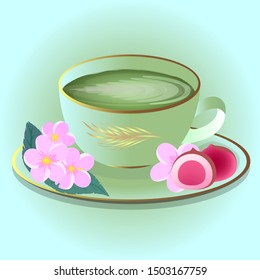 green matcha tea in a cup with Japanese sweets Mochi Balls and pink flowers on a saucer