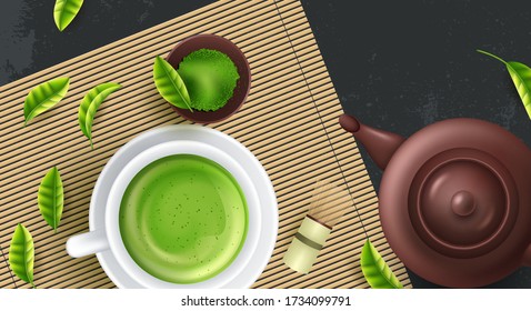 Green matcha tea drink and tea accessories. Japanese tea ceremony concept. Vector illustration