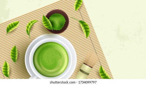 Bebida de té matcha verde y accesorios de té. Concepto de ceremonia japonesa del té. Ilustración del vector