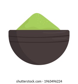 Green matcha tea powder in a bowl. Healthy food, traditional Japanese food. Flat cartoon vector