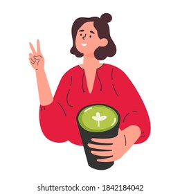 Green matcha tea serve and drink by a young woman. Matcha latte healthy drink. Herbal organic food. Japanese tea culture. Asian culture. Hand drawn vector colored trendy illustration. 