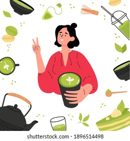 Green matcha tea serve and drink by a young woman. Matcha latte healthy drink.Various tea products made from matcha. Japanese tea culture. Hand drawn vector colored trendy illustration. 