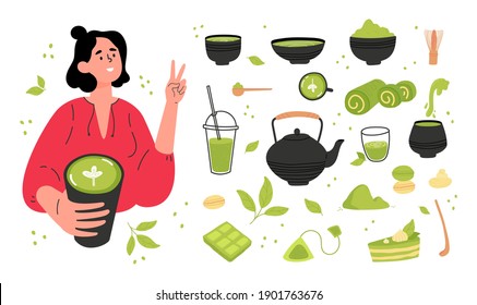 Green matcha tea serve and drink by a young woman. Matcha latte healthy drink.Various tea products made from matcha. Japanese tea culture. Hand drawn vector colored trendy illustration. 