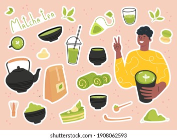 Un joven sirve y bebe té verde matcha. Conjunto de stickers de bebidas saludables de Matcha. Varios productos de té hechos con matcha. La cultura japonesa del té. Ilustración de moda de color vectorial dibujada a mano. 