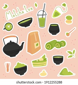 Té verde matcha. Conjunto de stickers de bebidas saludables de Matcha. Varios productos de té. La cultura japonesa del té. Ilustración de moda de color vectorial dibujada a mano. 