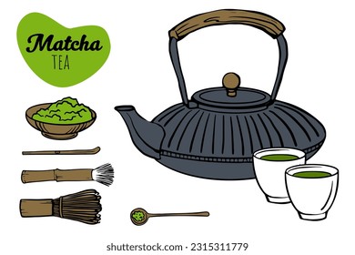 Green Matcha tea set. Vector collection of organic tea matcha powder,  traditional cup, teapot, whisk, spoons for Japanese tea ceremony.  for menu, flyer, poster design. Isolated on white background.