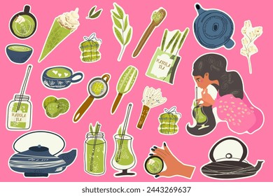 Green Matcha Tea sticker pack. Japanese tea culture. Flat vector illustration for cards, banners, posters, postcard, menu, packaging, brand, cafe.