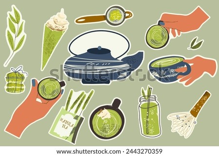 Green Matcha Tea sticker pack. Japanese tea culture. Flat vector illustration for cards, banners, posters, postcard, menu, packaging, brand, cafe.