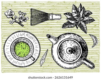 Green, matcha tea. Matcha tea vector drawing. Cup of tea matcha, green tea leaves, and bamboo whisk sketch. Hand-drawn Asian drink elements in a vintage style