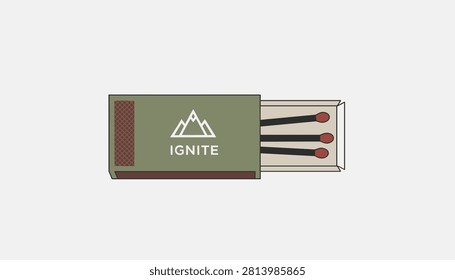 Green matchbox labeled with ignite and a mountain logo partially open with three wooden matches inside.