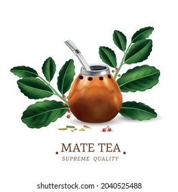 Green mate tea leaves and traditional calabash with bombilla realistic vector illustration