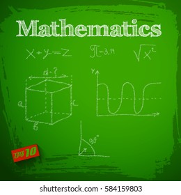 Green mathematics blackboard background with graphs formulas and calculations written on a blackboard with chalk vector illustration