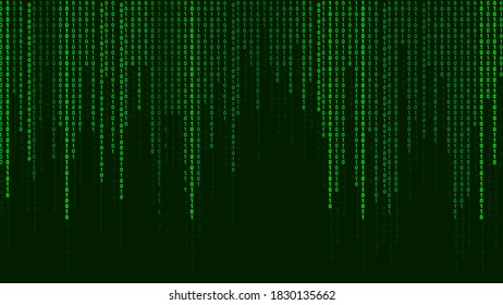 Green matrix background. Falling numbers on screen. Technology stream binary code. Digital vector illustration. Hacking concept.