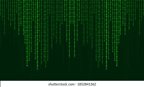 Green matrix background. Falling numbers on screen. Technology stream binary code. Digital vector illustration. Hacking concept.