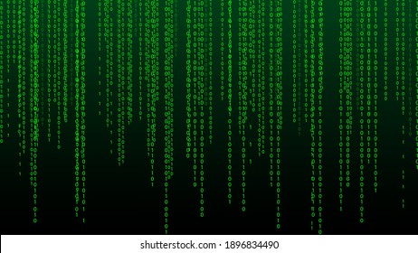 Green matrix background. Falling numbers on screen. Technology stream binary code. Digital vector illustration. Hacking concept.