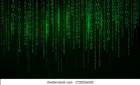 Green matrix background. stream of binary code. Falling numbers on dark backdrop. Digital computer code. Coding and hacking. Vector illustration.